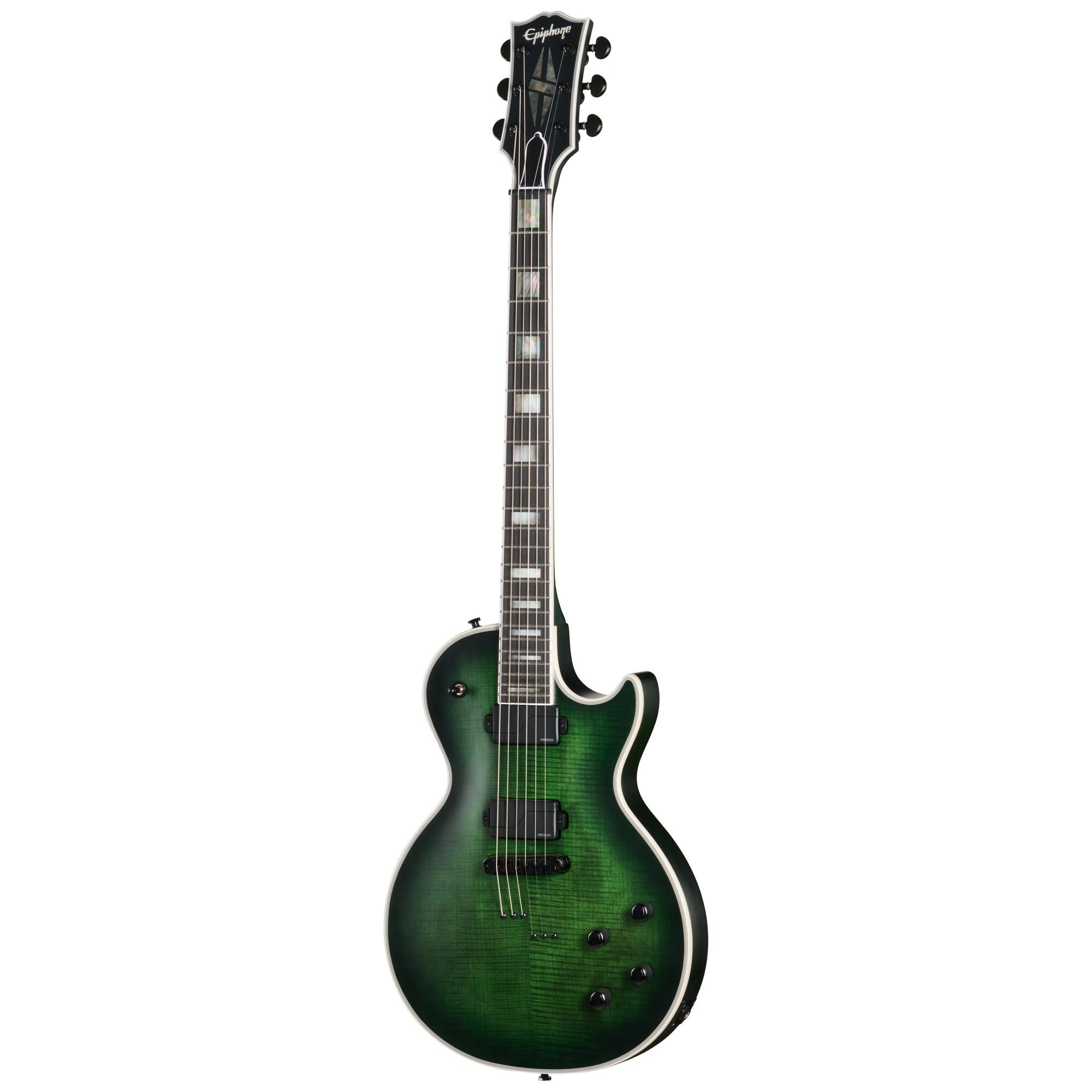 E-Gitarre, Grün-schwarzer Farbverlauf, Flamed-Top, Doppel-Humbucker, Single-Cut-Korpus